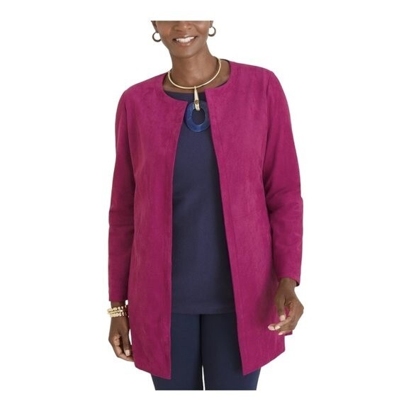Chico’s Women’s Size 0 (S) Magenta Soft Faux-Suede Open Front Long Sleeve Jacket - Picture 1 of 14